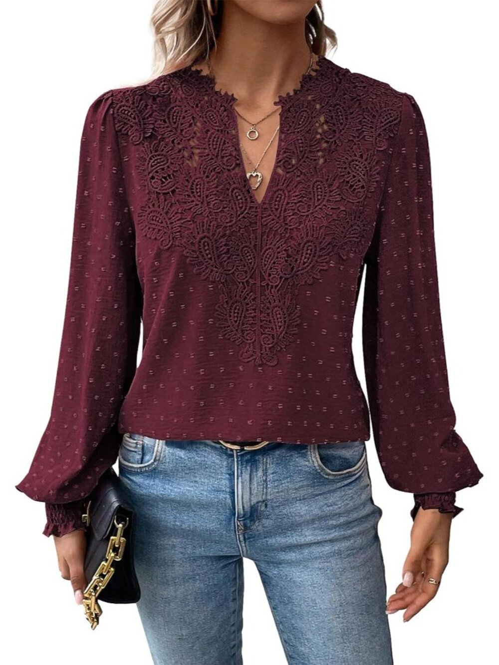 Long Sleeve Shirts for Women Boho Flowy Lace Floral V Neck Tops
